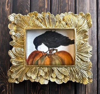 Raven 🐦‍⬛ bird on Pumpkin mini watercolor print in gold ornate frame - Image 1 of 2