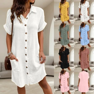 Damen Knopf Kurzarm Hemdkleid Sommerkleid Lose Minikleid Shirtkleid Reisekleid - Bild 1 von 28