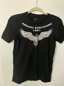Armani Exchange AX Shirt Men Sz XS Black Eagle Spell Out Logo Short Sleeve Crew