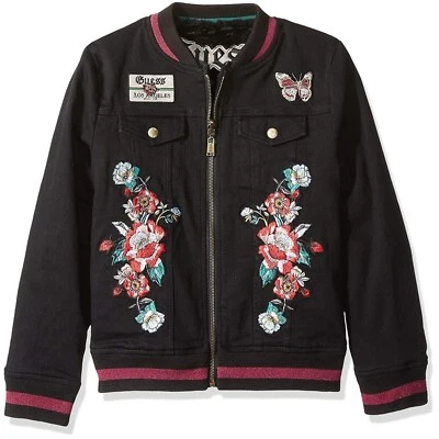 Guess Girls Reversible Bomber Jacket size 12 Black Denim Faux Fur Patches Thick - Image 1 of 4