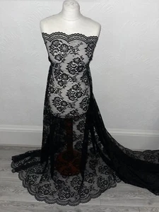 1m Black  SCOLLOPED Vintage French Bridal Lace Fabric Chantilly Wedding Dress - Picture 1 of 10