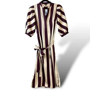 Ann Taylor Dress Womens Sz XP Plum Cream Striped Belted Balloon Sleeve Midi NEW - Picture 1 of 10