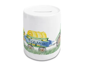 Spardose mit Traktor und Name für Kinder Personalisiert Geschenk aus Keramik  - Bild 1 von 8