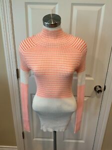 Victoria Beckham White & Orange Striped Rib Knit Mock Neck Sweater, Size M