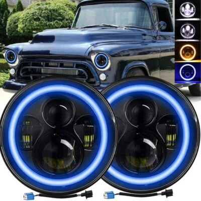 Pair 7" Inch Round LED Headlights Hi/Lo Beam DRL Halo For Chevy Truck Camaro C10 - Image 1 of 4