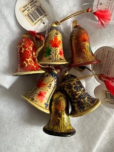 6 India Hanging Paper Mache Wood Bells Christmas Ornament Kashmir Red Gold Black - Picture 1 of 7