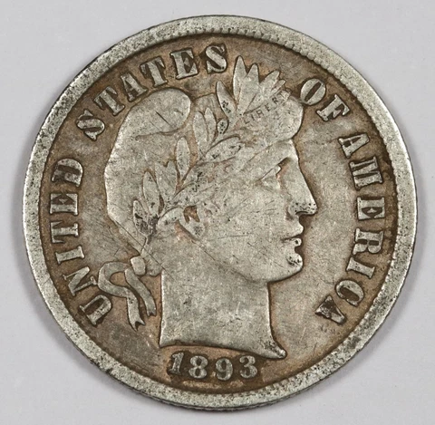 1893 Barber Dime.  Natural Uncleaned.  XF.  186274 Cover