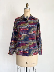 Vintage 1970s 70s Button Up Shirt Psychedelic Print Lady Arrow M L - Picture 1 of 7