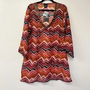 Ace Fashion Boho Orange Sheer Tunic Cover Up Studded Sz L/XL NWT - Picture 1 of 6