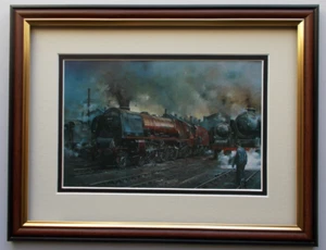 RAILWAY PRINT BY JOHN AUSTIN - DUCHESS OF HAMILTON IN WILLESDEN SHED FRAMED - Picture 1 of 1