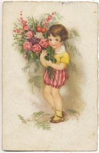 Girl with bunch of flowers, German World War Two artist-drawn postcard to the UK - Picture 1 of 2