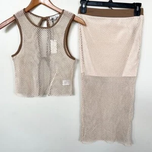 Neu Hunter & Brown Leann Häkel Netz Rock & Crop Top Set Chic Beige - Bild 1 von 14