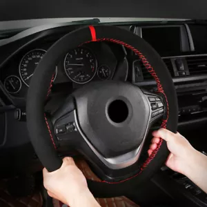 38cm Suede Leather Car Steering Wheel Cover With Needles Thread Black/Red DIY - Picture 1 of 7