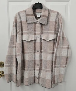 Rachel Zoe Fuzzy Cardigan Jacket Cream Brown Plaid Snap Front Pockets Size 2X - Picture 1 of 4