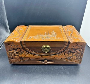 Vtg hand carved Wood jewelry Box Asian themed 12"Lx6 3/4' Wx 4 1/2" blue inside - Picture 1 of 11