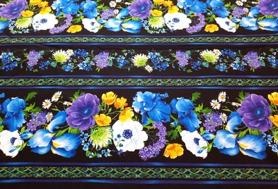 1 1/2 Yds Reverie-C 5928 Timeless Treasures Striped Black w/Multicolor Flowers - Image 1 of 4