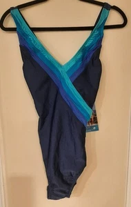 Women Sz 16 Speedo One Piece Swimsuit Blue With Stipes NWT Chlorine Resistant - Picture 1 of 8