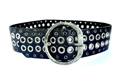 Cinto de couro de búfalo preto vintage cintura larga ilhó prata cravejado pequeno médio 32 - Imagem 1 de 4