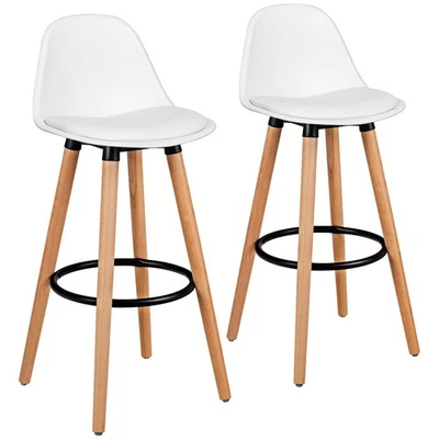 Set of 2 Mid Century Barstool 28.5" Dining Pub Chair w/Leather Padded Seat White - Image 1 of 4