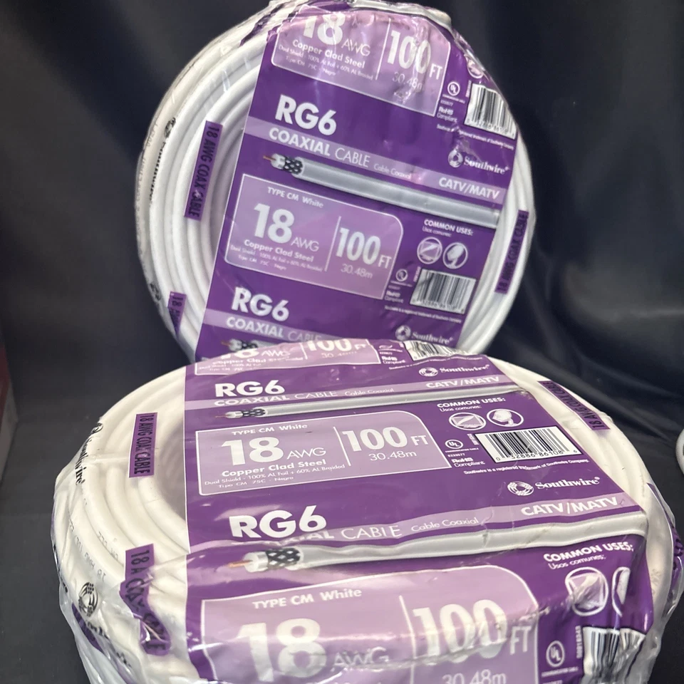 Bobina de cable coaxial Southwire RG6-Dual Shield 18 AWG blanco 100 pies - paquete de 2 - ¡Nuevo! Foto 1 de 1