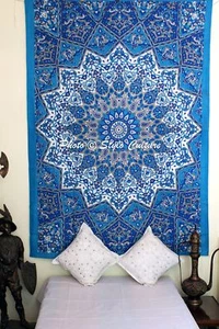 Mandala Tapestry Blue Twin Printed Wall Decor Cotton Boho Wall Hanging Decor - Picture 1 of 3