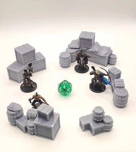 5 piece crate barrel barricade Dungeons and Dragons D&D Scatter Terrain 28mm - Picture 1 of 3
