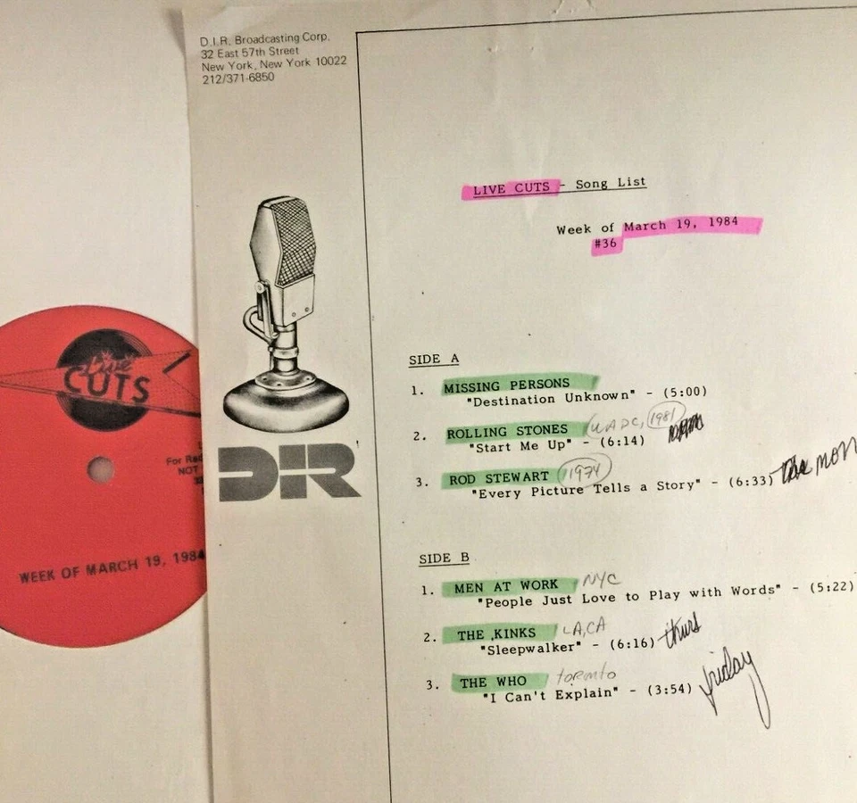 RADIO SHOW: LIVE TRACKS 3/19/84 MEN AT WORK, MISSING PERSONS, ROD STEWART, WHO - Image 1 of 1