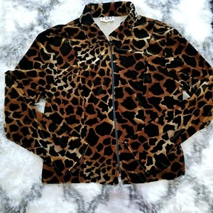 Clio Petite Full Zip Cheeta Print Jacket Brown And Black Long Sleeve Collar - Picture 1 of 5