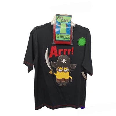 Minions Despicable Me Costume T-Shirt w/Cape 6/7 Boys Black Pirate - Image 1 of 4