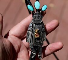 HUGE Old Pawn TWO DOGS Navajo Sterling Silver & Turquoise Stone Kachina Bolo Tie