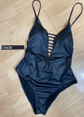 NWT XOXO One Piece Bathing Suit Black L Strappy Plunge Neckline Open Back - Image 1 of 4