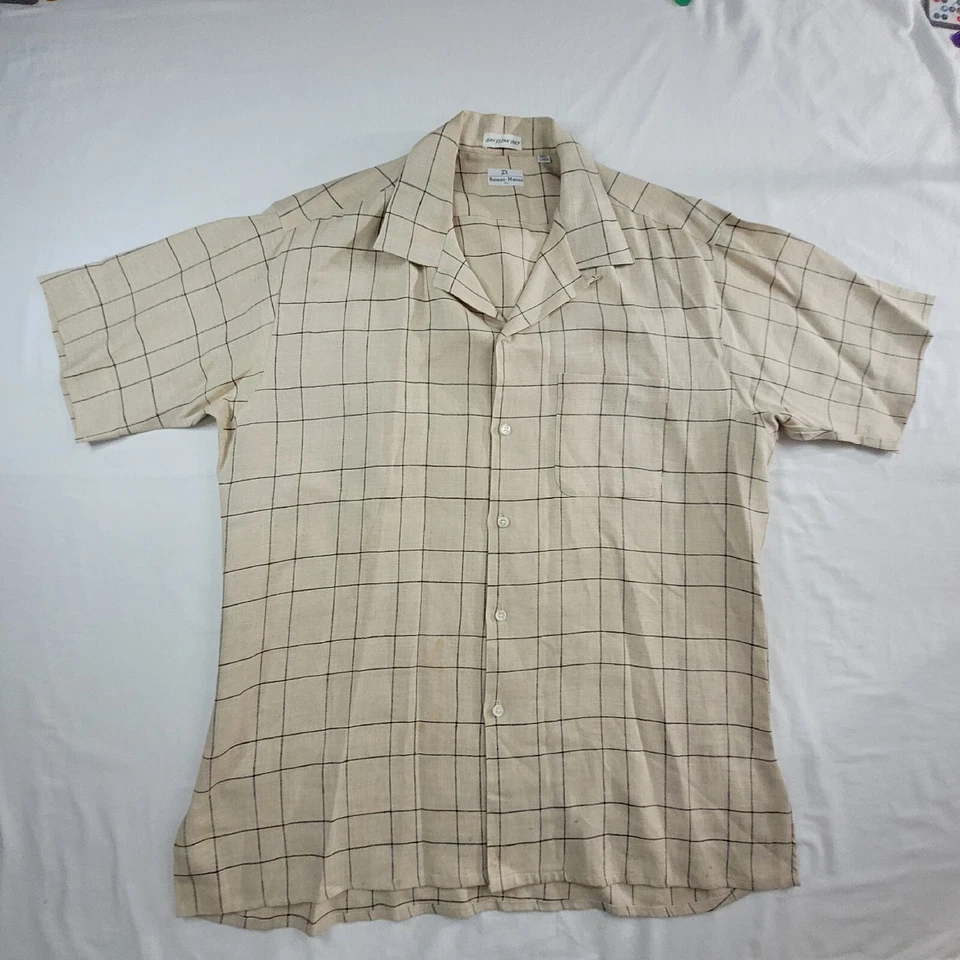 Neiman Marcus Shirt Men's XL Beige Linen Plaid Button Vintage 90s Single Stitch - Image 1 of 4