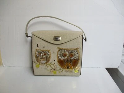 Cartera de mano vintage de búho con joyas de tela con lados de madera estilo Enid Collins Foto 1 de 4