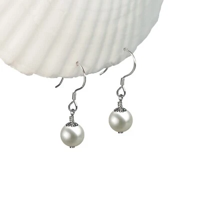South Sea White Shell Pearl Earrings 925 Sterling Silver Dangle Pearl Earrings - Image 1 of 4