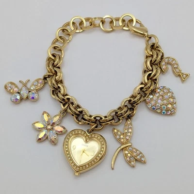 Reloj Pulsera GUESS Pave Diamantes de Imitación Dije Tono Dorado - Necesita Batería - Funciona Foto 1 de 4