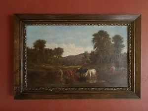 ANTIQUE 1800’S COWS IN POND OIL PAINTING - Picture 1 of 9