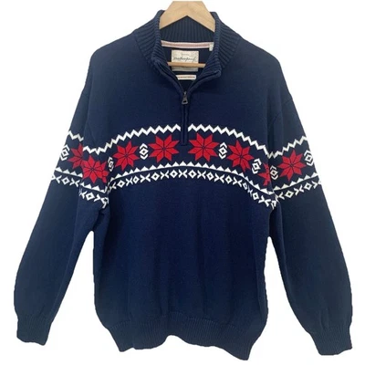 Suéter masculino vintage à prova de intempéries The Holiday 3XL 1/4 zíper 100% algodão azul vermelho - Imagem 1 de 4