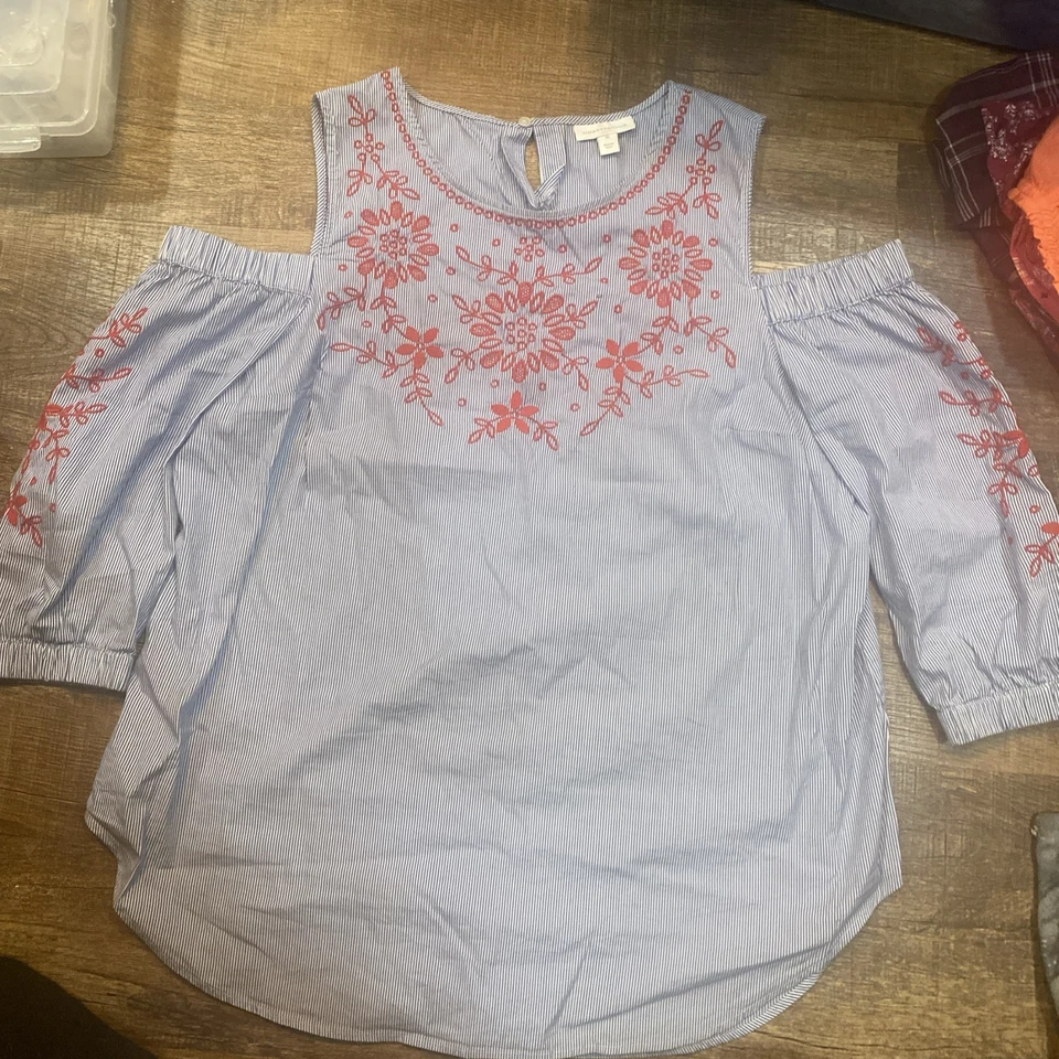 Women’s XL Blue & White Pin Stripe Blouse With Red Floral Embroidery - Image 1 of 3