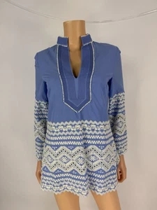 Tory Burch Blue/White V-Neck Embroidered Tunic Blouse Size 4 - Picture 1 of 19