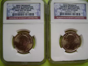 2007 WASHINGTON P&D NGC BRILLANTE NON CIRCOLATO PRIMO GIORNO EMISSIONE SET 2 MONETE DOLLARI - Foto 1 di 4