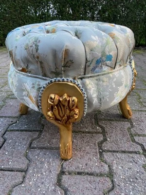 Bench Ottoman Stool French Louis XVI Gilded Beech Frame with Damask Upholstery - Image 1 of 4