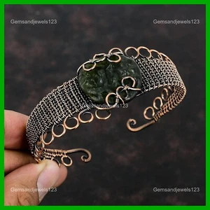 Valentines Deal Round Moldavite Gemstone Daughter Wire Wrapped Boho Cuff Copper - Picture 1 of 6