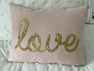Love Pillow, Cover & Insert. Blush Pink With Gold Sequin Script, Valentine’s Day - Picture 1 of 3