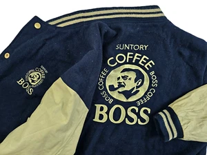 HOT Men's SUNTORY BOSS COFFEE @ BOMBER VARSITY WOOL LEATHER NAVY BLUE Jacket M-L - Picture 1 of 17