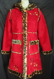 The Children's Place Faux Suede Red Leopard Fur Lined Hooded Coat Girls XL 14 - Picture 1 of 16