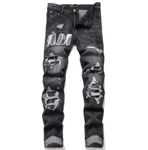 Men's Black Denim Cotton Stretch Jeans Ripped Punk Hip Hop Trousers Pants Slim - Picture 1 of 12