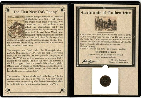 First New York Penny VOC Copper Coin 1700's - COA & History & Holder & Album Inc Cover