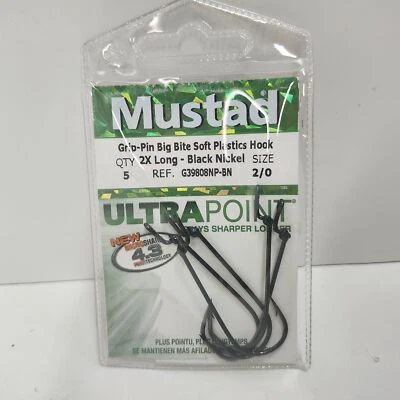 Paquete de 5 ganchos de pescado Mustad UltraPoint Grip Pin 2X alambre fino tamaño 2/0 G39808NP-BN Foto 1 de 3