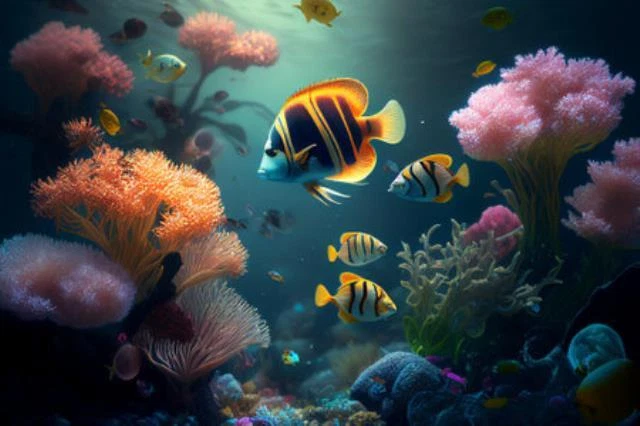 Wandbild: Buntes Korallenriff und Fische. Saubere Unterwasserweltszene. [...] - Bild 1 von 1