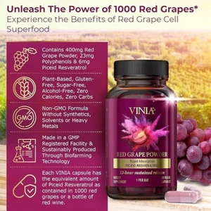 Polvo de uva roja Vinia absorción rápida Piceid resveratrol 30 cápsulas vegetales - Imagen 1 de 23